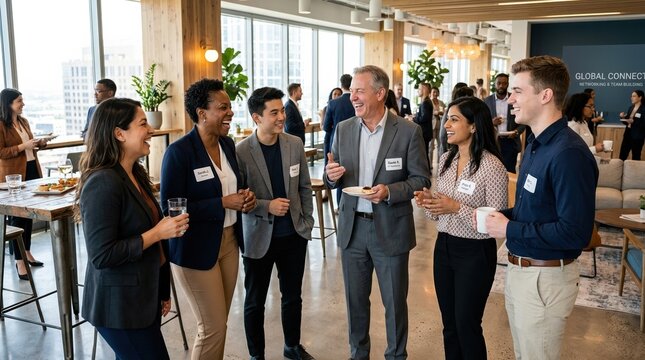 Diverse group of businesspeople talking and laughing during a professional networking session in a bright office space. The scene