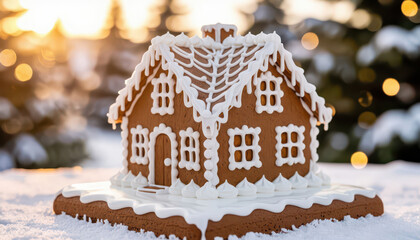 Fototapeta premium The gingerbread house sits on a snowy surface, showcasing intricate icing details. Snow-covered trees are blurred in the background, enhancing the gingerbread house's charm.