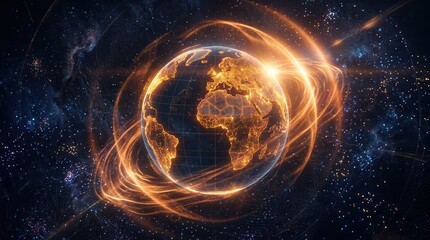 Obraz premium Glowing orange and gold digital earth hologram with radiant energy waves on a dark, textured background. This stunning visual