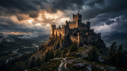 Fototapeta premium Majestic Fortress on Hilltop: A captivating castle, steeped in history and power, stands proudly atop a rugged hilltop, silhouetted against a dramatic, stormy sky and a sunbeam.