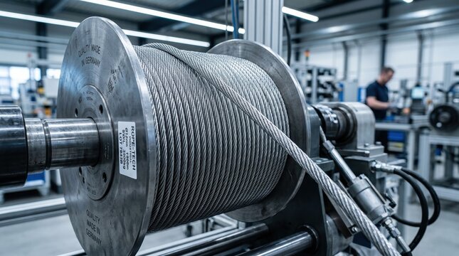 Macro shot of a steel cable roll showing the fine detail of the metallic fibers and the precision of the winding in a factory. The
