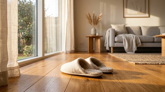 Pair of soft white home slippers resting on a polished hardwood floor in a sun-drenched minimalist living room. The scene is