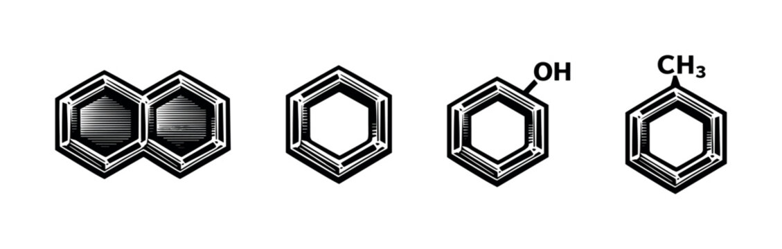 Vector illustration of organic chemistry benzene ring structures in black and white silhouette