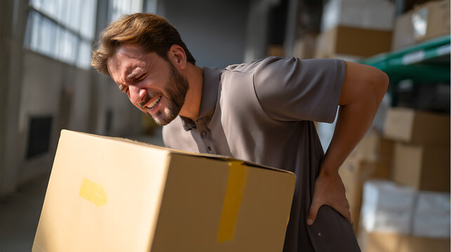 Young man feel backache when lift heavy carton box in warehouse. Delivery person suffer from lower back pain, incorrect posture work