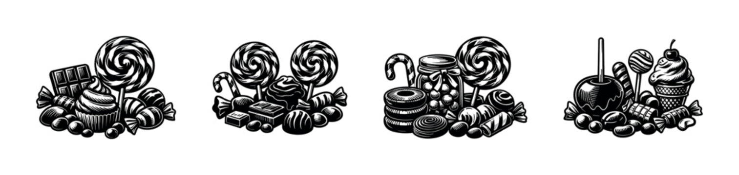 Black and white candy and dessert illustrations, vector art of sweets including lollipops, cupcakes and chocolates
