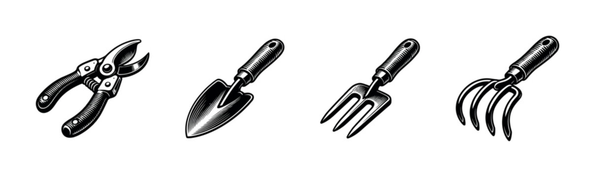 Black and white vector illustration of gardening tools including trowel fork pruning shears and cultivator