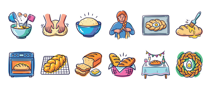 Set of colorful hand-drawn icons showing the step-by-step process of baking traditional braided challah bread from kneading dough to serving on a festive holiday table
