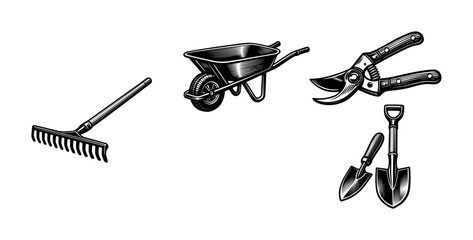 Vintage gardening tools illustration featuring wheelbarrow and pruning shears in black and white vector style © UnIcons