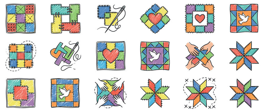 Colorful hand-drawn set of patchwork icons and quilting elements in a doodle sketch style showing various quilt blocks, sewing stitches, and symbols of love and peace
