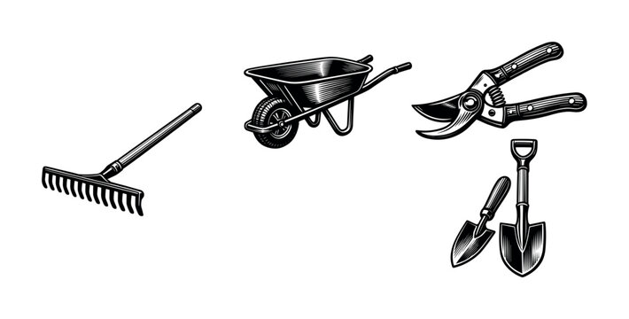 Vintage gardening tools illustration featuring wheelbarrow and pruning shears in black and white vector style