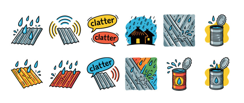 Colorful cartoon icon set illustrating rain on a corrugated metal roof, the clatter sound it makes, a house during a downpour, and collecting water in a tin can