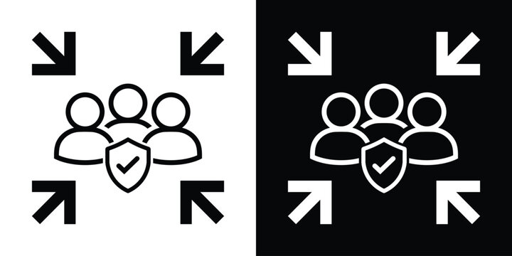 Team security icon with a shield and checkmark, surrounded by inward arrows. Symbolizes data protection, verified safety, team integrity, and corporate cybersecurity for business workflows.