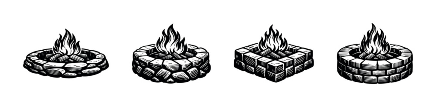 Hand-drawn fire pit illustrations, brick and stone styles, vector clipart elements, black and white