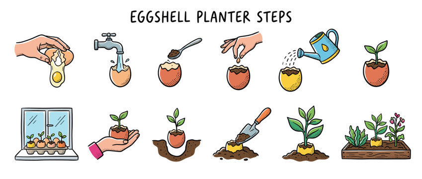 Eggshell planter steps illustration showing a DIY guide for growing seedlings from seeds in a recycled egg, a creative and educational gardening activity for kids and adults