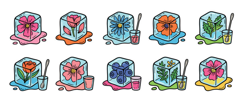Colorful doodle set of melting ice cubes with frozen flowers, berries, and leaves inside, a creative concept for refreshing summer drinks and cocktail garnishes in a cartoon style