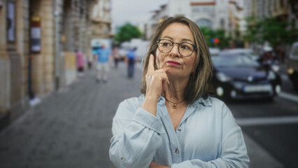 Fototapeta premium Hispanic woman touches chin with finger on a city street, wearing glasses, light blue shirt and gold pendant necklace; thoughtful pondering.