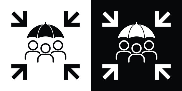 Team protection icon featuring a group under an umbrella with converging arrows. Represents insurance, risk management, safety coverage, and employee welfare in corporate environments.
