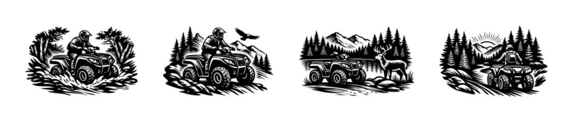 Adventure quad bike illustrations, off-road atvs, black and white vector designs, silhouette style © UnIcons