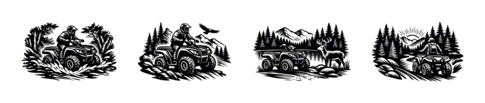 Adventure quad bike illustrations, off-road atvs, black and white vector designs, silhouette style