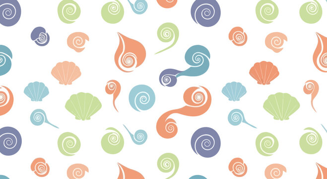 Seamless Pattern of Seashells and Swirls in Pastel Colors on White Background