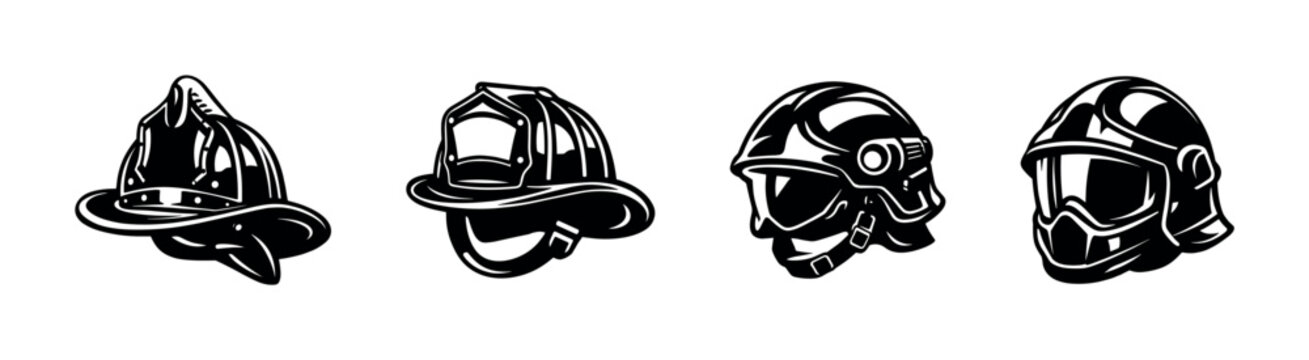 Set of vector black and white firefighter helmets, illustration of different styles, silhouette clipart