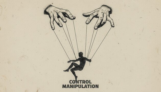 A silhouette of a person being controlled by large hands, symbolizing manipulation and control. The scene conveys themes of power dynamics and influence.