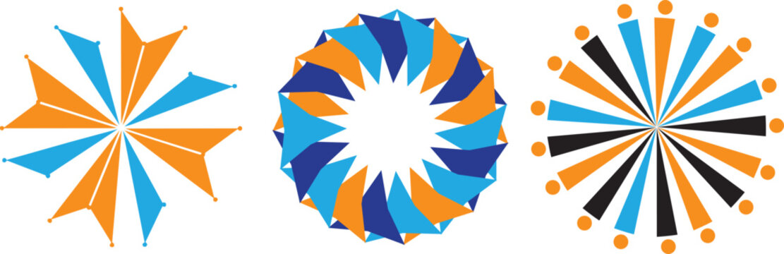 Set of three abstract circular geometric patterns with colorful triangles and radial shapes