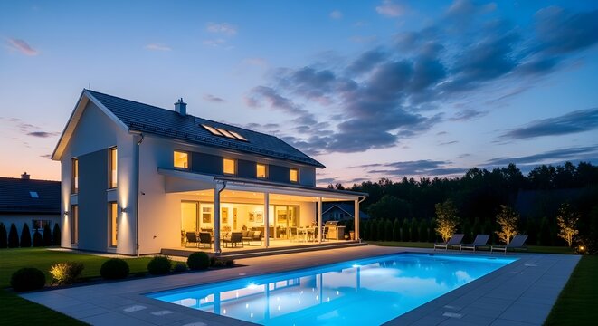 Modern luxury villa at dusk with illuminated pool and warm interior lighting