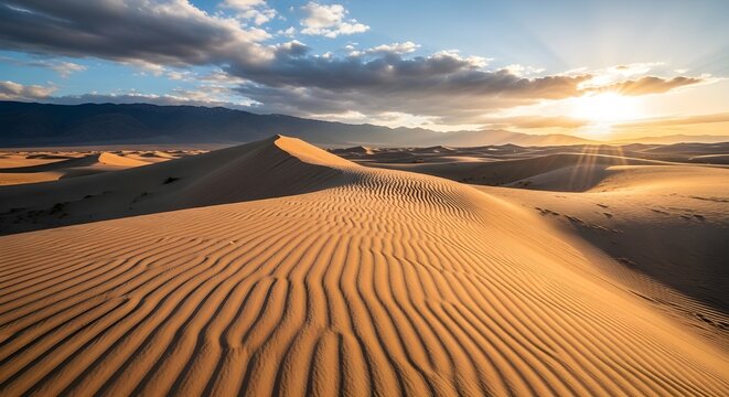 Golden sand dunes at sunrise with long shadows and desert landscape