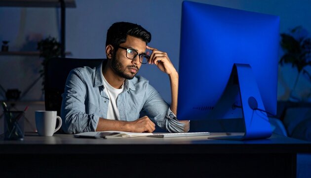 A focused individual engrossed in deep thought, illuminated by the cool glow of a computer screen, in a low-light setting.