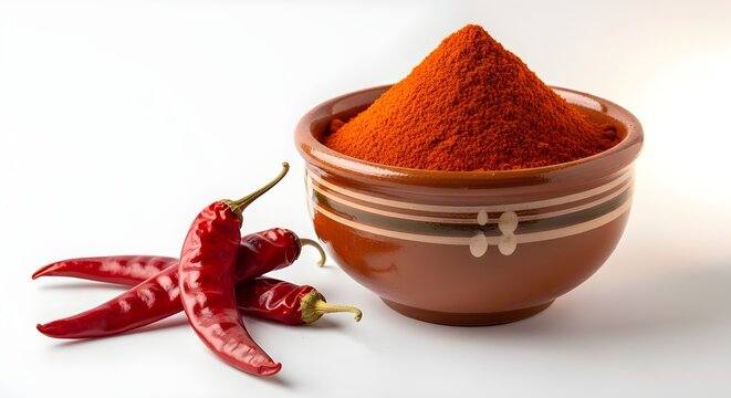ceramic bowl of ground paprika spice with fresh red chili peppers on white background