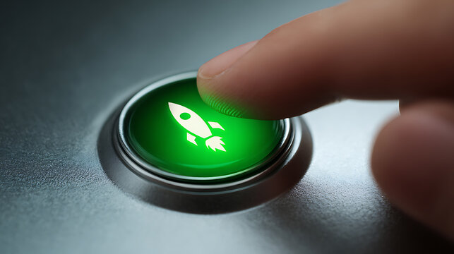 A close up view of a human finger pressing a bright green illuminated button featuring a launching rocket icon, symbolizing innovation, startup, project launch, and strategic development