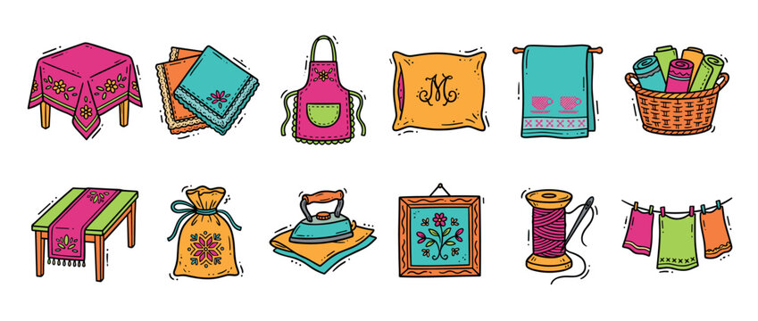 Colorful hand-drawn home textile and needlework icons set featuring a tablecloth, apron, pillow, iron, embroidery, and laundry in a cute cartoon doodle illustration style