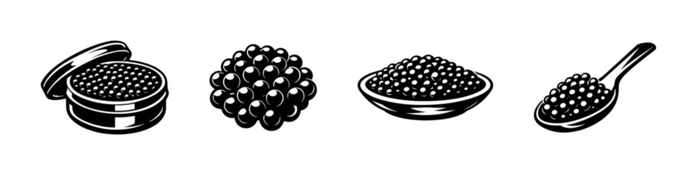 Black and white caviar icon set in vector style featuring tin spoon and bowl elements