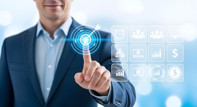 Business professional selecting digital finance icons on futuristic interface with global network