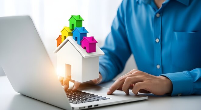 Young professional typing on laptop with colorful origami desk decor in soft natural light