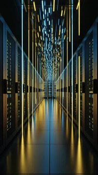 Dark Moody Vertical Server Room Corridor with Glowing Blue and Yellow Neon Light Streaks Reflecting on Polished Floor Data Center Technology