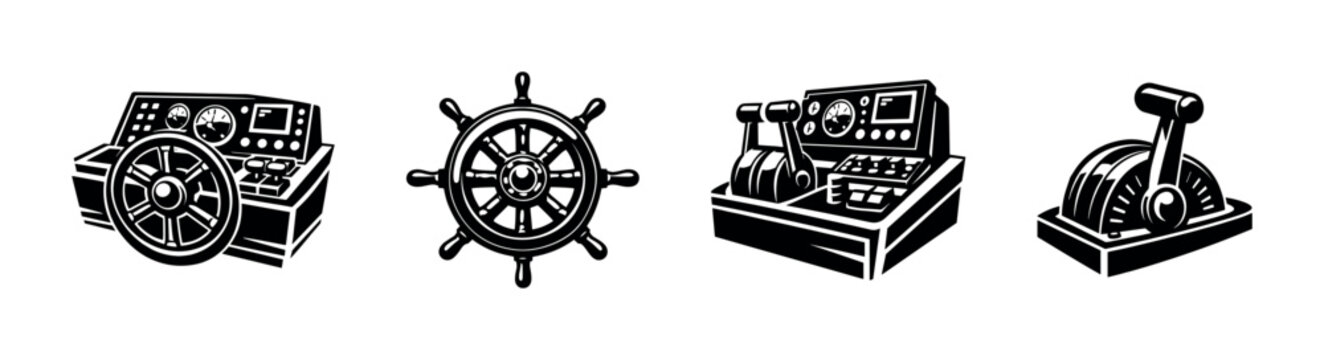 Nautical ship control equipment, vintage helm and throttle elements, black and white vector illustration