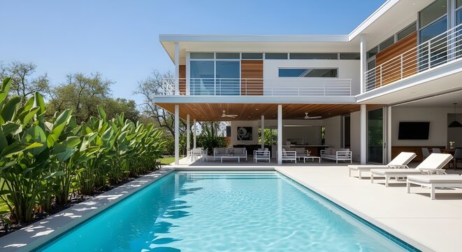 Modern luxury villa with infinity pool and tropical landscaping under clear blue sky