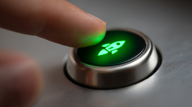 Finger press illuminated launch button with rocket icon for business startup, project, or fast improvement concept. Close-up metal design