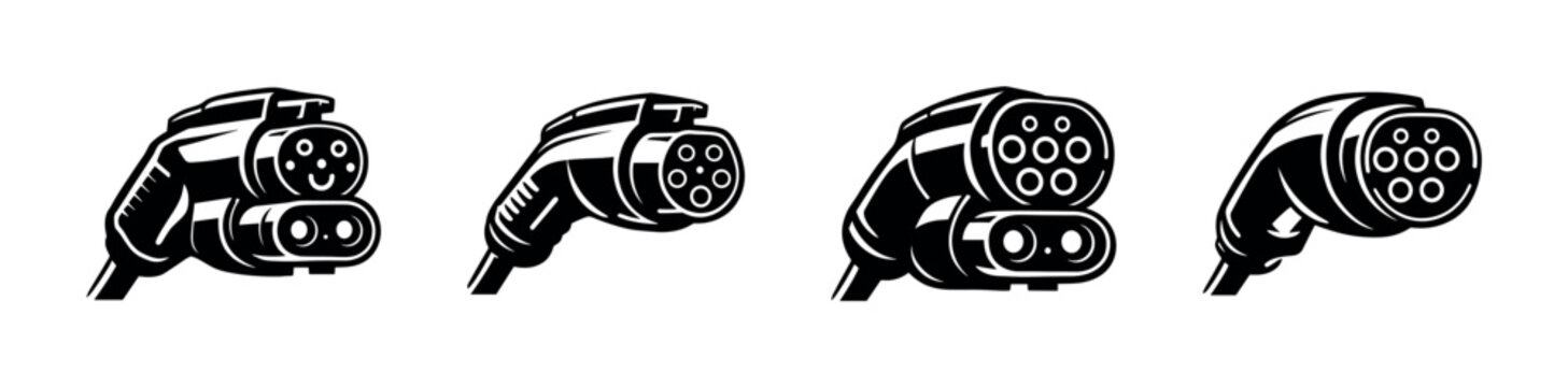 Electric car charger connector, black and white silhouette, charging plug illustration, vector design