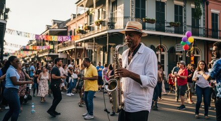 Obraz premium Street Musician Playing Saxophone in Vibrant Festival