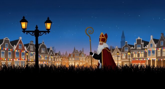 Saint Nicholas Walking Through Dutch Town at Night