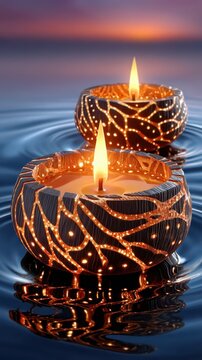 Two ornate candles with glowing patterns float on dark, rippling water. Their warm flames cast reflections as twilight hues paint the distant sky, creating a serene and peaceful evening scene