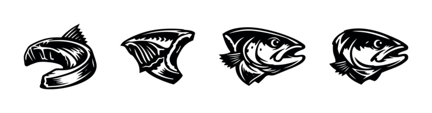 Fish head and tail vector illustrations, black and white, stylized graphic elements