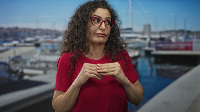 Woman in red glasses touches fingertips near docked boats on bright pier at seaside port; hesitation doubt.