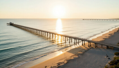 Fototapeta premium A long pier extends into calm water as the sun sets, casting reflections on the surface. The beach is sandy, with subtle waves lapping against the shoreline.
