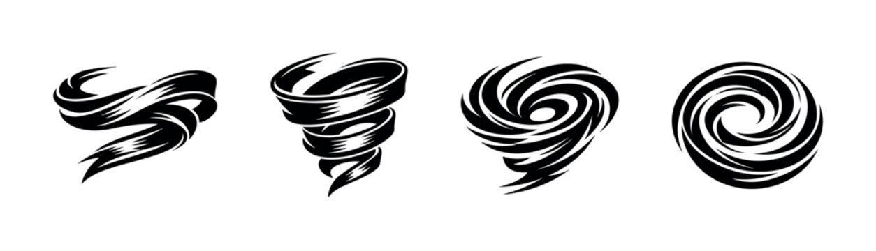 Black and white tornado and twister elements vector silhouette set