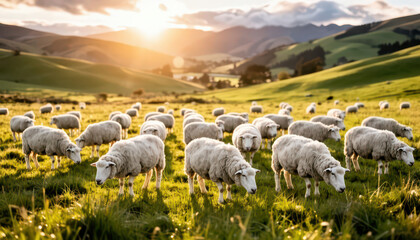 Fototapeta premium many sheep grazing in a vibrant green field. The sun sets behind the hills, casting a warm glow over the sheep and the grassy landscape.