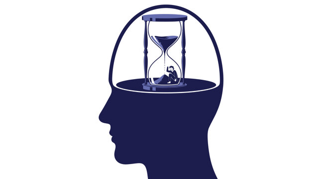 Man Trapped Inside Hourglass Within Head Silhouette, Time Pressure Concept